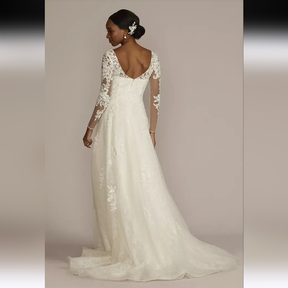 NWT Oleg Cassini High Neck Long Sleeve Illusion Neckline Wedding Dress, Size 12 - Picture 3 of 17